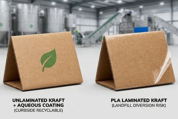 Unlaminated Kraft + Aqueous Coating (Curbside Recyclable) display with green leaf, contrasted with PLA Laminated Kraft (Landfill Diversion Risk) with peeling film.