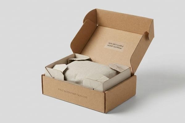 Brown corrugated box with "Frustration Free Packaging" and "100% Recyclable Mono Material" on the lid, featuring internal paper locks.