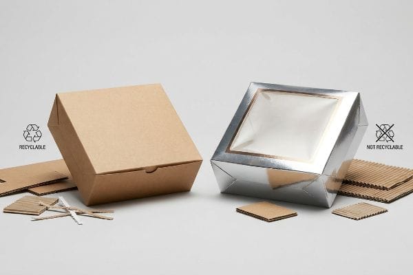 Comparing a Recyclable brown paperboard folding carton with a Not Recyclable silver laminated box with a plastic window.