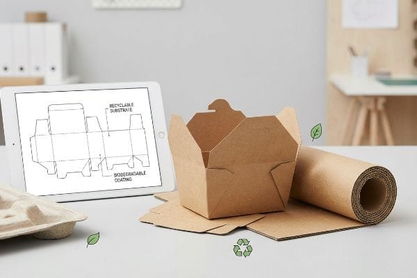 Sustainable Packaging Design Tablet displays packaging die-cut: Recyclable Substrate, Biodegradable Coating. Open kraft box, corrugated roll.