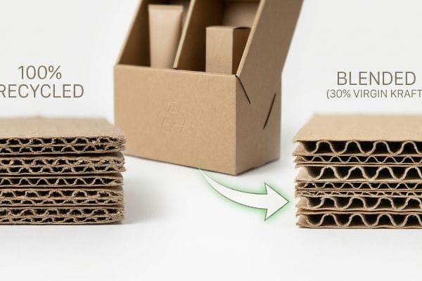 Recycled Blended Kraft Comparison Corrugated board stacks labeled "100% Recycled" and "Blended (30% Virgin Kraft)" with a product box, illustrating material comparison.