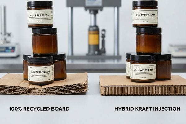 CBD Packaging Comparison Amber glass jars of CBD Pain Cream stacked on 100% Recycled Board and Hybrid Kraft Injection corrugated packaging.