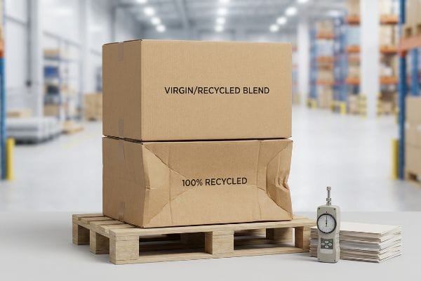 Two cardboard boxes on a pallet, 'Virgin/Recycled Blend' stacked on a crushed '100% Recycled' box, with a force gauge.