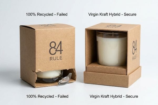 Candle Packaging Comparison Kraft paper packaging comparison: a failed 100% Recycled 84 Rule candle box with a broken glass jar next to a secure Virgin Kraft Hybrid box.