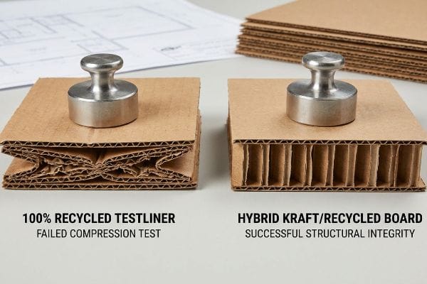 Essai de compression du carton ondulé Deux échantillons de carton ondulé : le Testliner 100 % recyclé a échoué au test de compression, tandis que le carton hybride Kraft/recyclé a démontré une intégrité structurelle réussie.