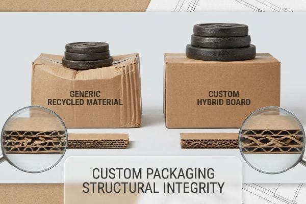 A crushed Generic Recycled Material box with collapsed internal flutes compared to a resilient Custom Hybrid Board box, both under weights, showcasing Custom Packaging Structural Integrity.