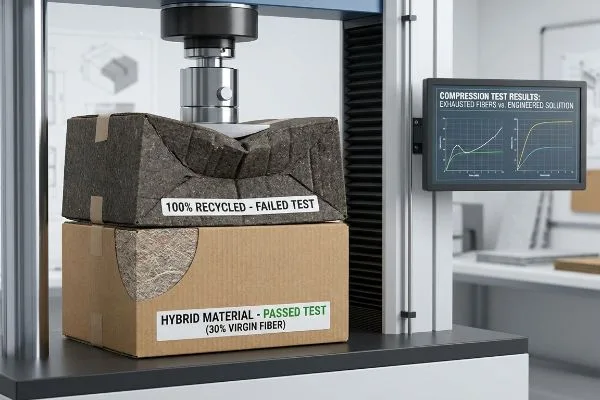 Um teste de compressão revela uma caixa amolgada com a inscrição "100% Reciclado - Reprovado no Teste" sobre uma caixa intacta com a inscrição "Material Híbrido - Aprovado no Teste (30% Fibra Virgem)", com os resultados apresentados no ecrã.