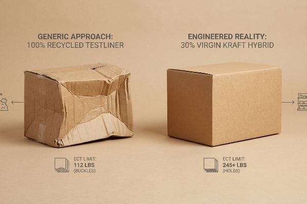 Recycled Hybrid Box Strength A crushed Generic Approach box made of 100% Recycled Testliner (ECT Limit 112 Lbs, Buckles) contrasts with a strong Engineered Reality box of 30% Virgin Kraft Hybrid (ECT Limit 245+ Lbs, Holds).