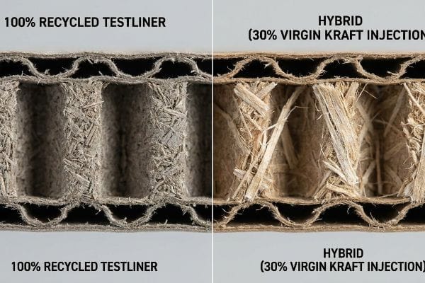Corrugated Fiber Comparison Grey 100% Recycled Testliner corrugated board next to Hybrid (30% Virgin Kraft Injection) board, showing fiber length difference.