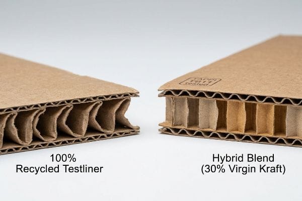 Cross-section of two corrugated boards: 100% Recycled Testliner with collapsed flutes and a Hybrid Blend (30% Virgin Kraft) with stable flutes, Tappi T811 Tested.