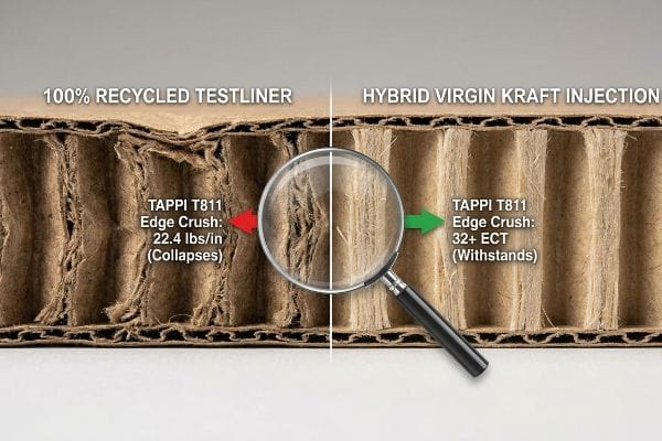مقارنة المقطع العرضي للكرتون المموج بين 100% من ورق Testliner المعاد تدويره (22.4 رطل/بوصة، ينهار) مع ورق Kraft الهجين البكر المحقون (32+ ECT، يتحمل) عبر اختبار TAPPI T811 Edge Crush Test.