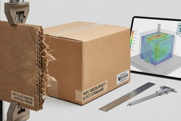Recycled vs Virgin Kraft Recycled Mailer with Fatigued Fibers under test, beside a 100% Virgin Kraft 32 ECT Standard box and ISTA 3A simulation.