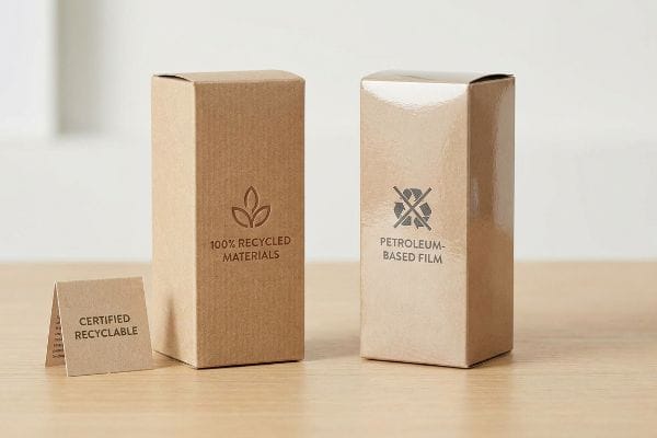 Recycled vs Petroleum Packaging Two contrasting cardboard boxes display '100% Recycled Materials' and 'Petroleum-Based Film' labels, with a 'Certified Recyclable' tag nearby, highlighting eco-friendly packaging choices.