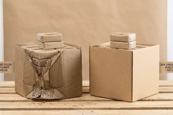 Packaging Strength Comparison Damaged 'Recycled Testliner Failed' corrugated box contrasts with intact '30% Virgin Injected - Secure' box, both holding wrapped soap on a pallet.