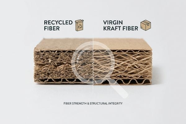 Corrugated cardboard comparison: Recycled Fiber vs. Virgin Kraft Fiber, magnified to show Fiber Strength & Structural Integrity.