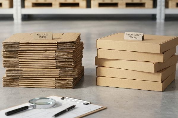 Recycled (Aged) corrugated flats, Virgin Kraft (Fresh) boxes, magnifying glass, comparing packaging shelf life.