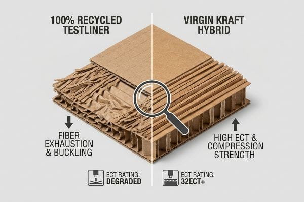 Corrugated board comparison: Recycled Testliner shows fiber exhaustion, degraded ECT; Virgin Kraft Hybrid offers high ECT, 32ECT+ compression strength.