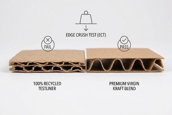 Edge Crush Test (ECT) shows 100% Recycled Testliner (Fail) with collapsed flutes versus Premium Virgin Kraft Blend (Pass).