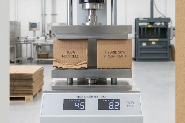 Cardboard ECT Strength Test Edge Crush Test (ECT) showing 100% Recycled cardboard at 4.5 kN and Hybrid 30% Virgin Kraft at 8.2 kN, per TAPPI T811.