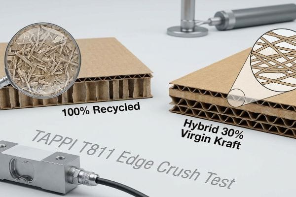 Recycled vs Virgin Kraft Magnified 100% Recycled cardboard fibers versus Hybrid 30% Virgin Kraft, undergoing a TAPPI T811 Edge Crush Test.