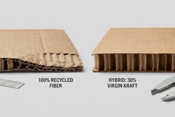 Recycled vs Virgin Kraft Cross-sections of corrugated board show 100% Recycled Fiber with irregular flutes next to Hybrid: 30% Virgin Kraft with uniform flutes.