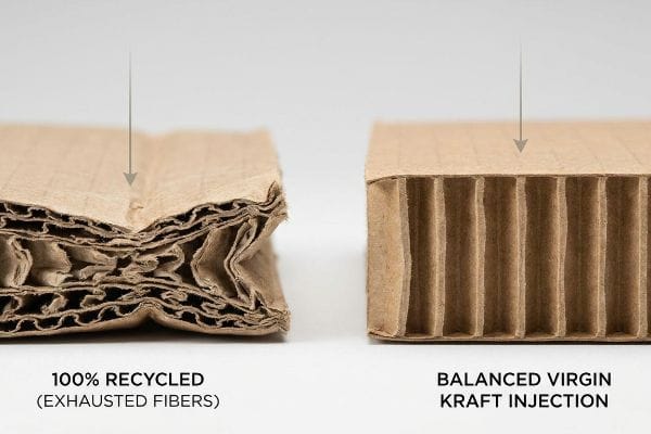 Corrugated cardboard comparison: 100% Recycled (Exhausted Fibers) showing crushed fluting versus Balanced Virgin Kraft Injection.