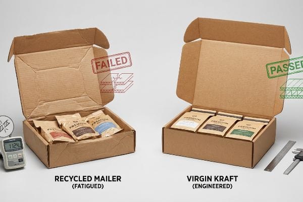 Brown recycled mailer box with 'Failed' stamp and 112.4 lbs compression failure, beside a 'Passed' virgin kraft box, both holding Premium Coffee bags.