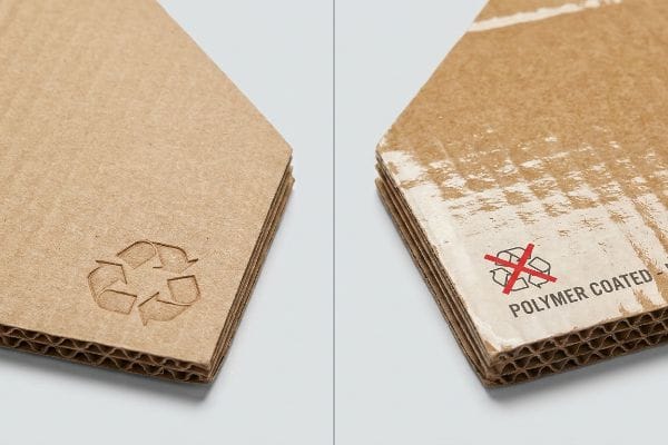 Two corrugated cardboard samples, one with a debossed recycling symbol and the other marked 'Polymer Coated' with a red crossed-out recycling icon.