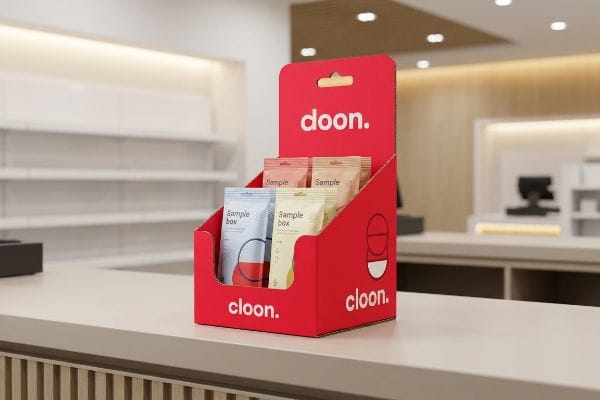Doon. Cloon. Sample Display Red corrugated point-of-sale display for Doon. and Cloon. brands, showcasing Sample Box pouches in assorted colors on a retail checkout counter.