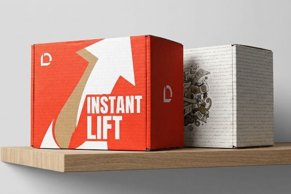 Instant Lift Packaging Boxes High-contrast red retail packaging box with 'Instant Lift' text and upward arrow, next to a detailed white graphic box on a shelf.