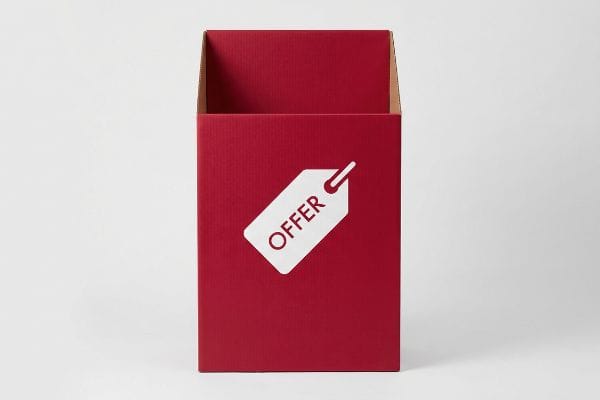 Red Offer Display Box A vibrant red corrugated cardboard point of purchase display box features a white tag icon with the word "Offer" for retail promotions.
