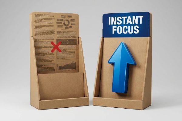 インスタントフォーカス表示 茶色の段ボール製ディスプレイスタンド。片方には赤いX印の付いた文字がびっしりと書かれており、もう片方には青い「インスタントフォーカス」のサインと矢印が描かれている。.