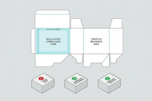 White packaging die-line showing a highlighted Regulatory Compliance Zone, Die-Cut Clearance, Creative Branding Area, and three cubes for Failed Audit, Connected Data Mirror, and Compliant Unboxing.