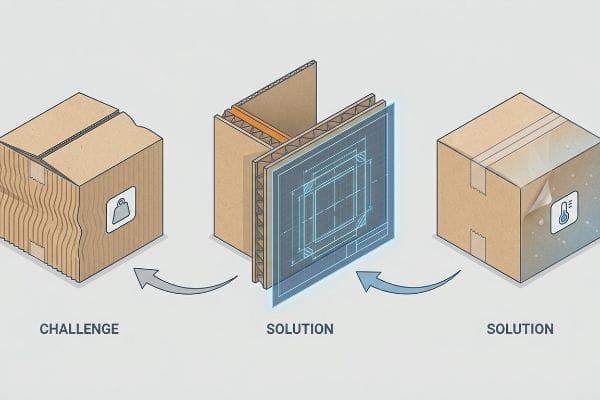 imagem do artigo Uma seção transversal da ondulação do papelão reforçado exibe as densas camadas estruturais projetadas para evitar compressão e falhas estruturais.