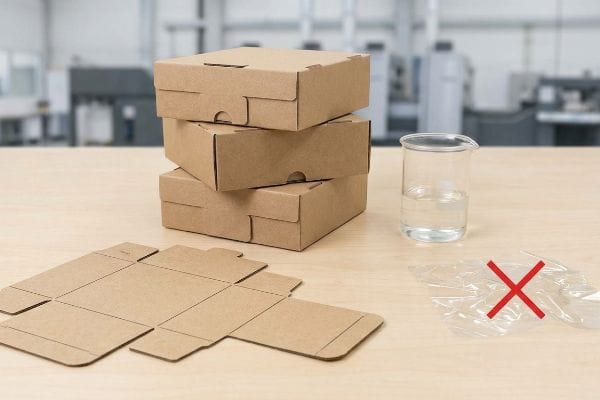 Recyclable Kraft Packaging Brown kraft cardboard boxes and a flat dieline, with a beaker of water and rejected PLA bio-plastic film, highlighting curbside recyclability.