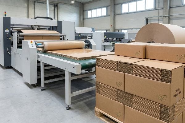 Corrugated Packaging Production A packaging factory floor shows a corrugator machine processing cardboard sheets, with stacks of eco-friendly boxes marked "100% Repulpable" on a pallet.