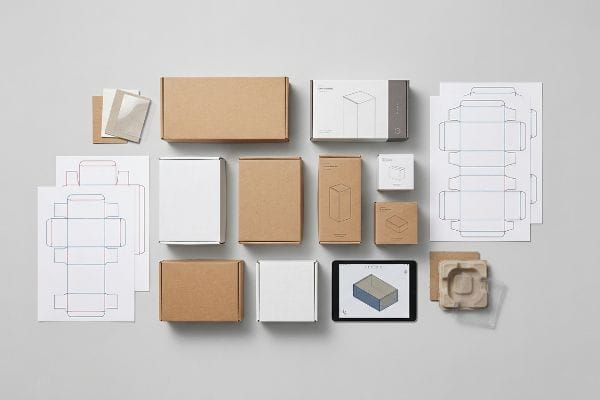 Retail Packaging Design Elements Packaging design elements, including brown kraft and white retail boxes, die-cut templates, and a tablet displaying a 3D box rendering, are arranged on a light grey surface. One box shows 'New Product' and 'Box & Packaging'.