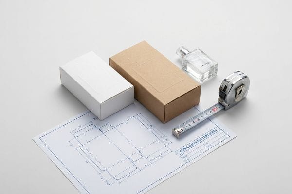 Packaging Dieline Measurement Kraft brown and white paperboard boxes, a perfume bottle, and a measuring tape on a dieline blueprint labeled Retail Checkout Tray Guide for packaging design.
