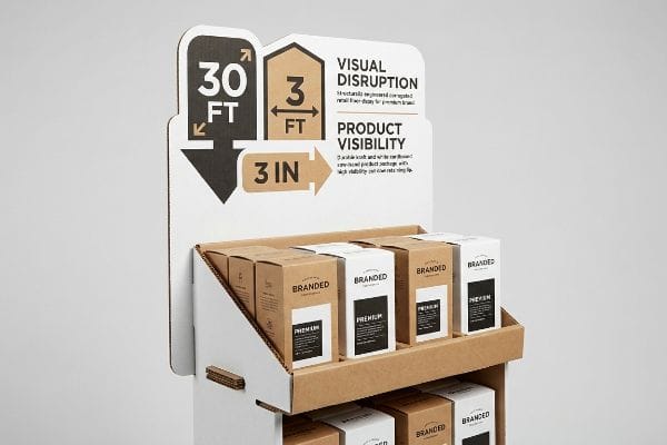 Retail Display 3-3-3 Rule Corrugated retail display with Branded Premium boxes, header showing 3-3-3 Rule: 30 Ft Visual Disruption, 3 Ft engagement, 3 In Product Visibility.
