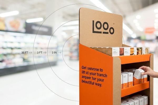 Retail Display 3-3-3 Rule Kraft paper LOOO retail display, orange accents, illustrating 30 Ft, 3 Ft, 3 In spatial engagement rule.