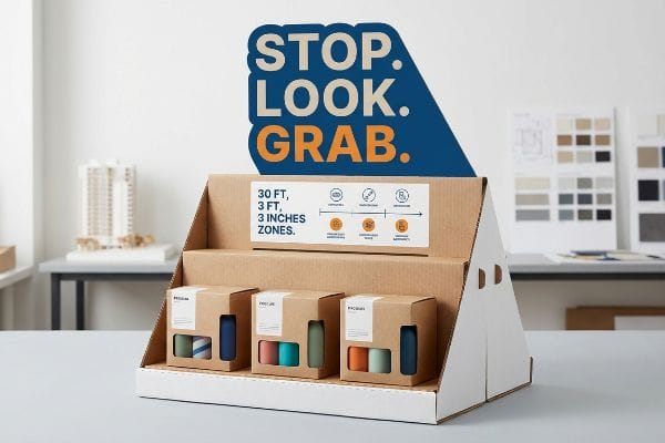 Retail Display Strategy Corrugated cardboard retail display featuring a "Stop. Look. Grab." header and "30 Ft, 3 Ft, 3 Inches Zones" messaging, with colorful products.