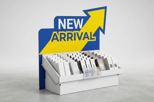 White retail display with 'New Arrival' header and yellow arrow, showcasing product packages and a '30 FT, 3 PC, 3 IN' sign.