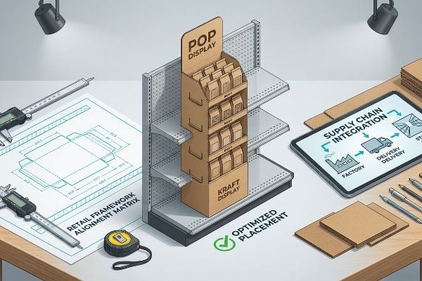 POP Display Strategy Design Kraft Point of Purchase Display, Dieline blueprint, calipers, and tablet showing Supply Chain Integration.