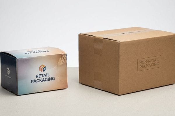 Colorful Retail Packaging box, slightly crumpled, next to a sturdy plain brown Non-Retail Packaging corrugated box.