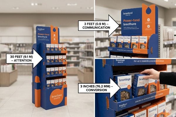 Retail 3-3-3 Rule Branford floor display demonstrating the 3-3-3 rule: 30 Feet Attention, 3 Feet Communication, 3 Inches Conversion for 'Brantinge' products.