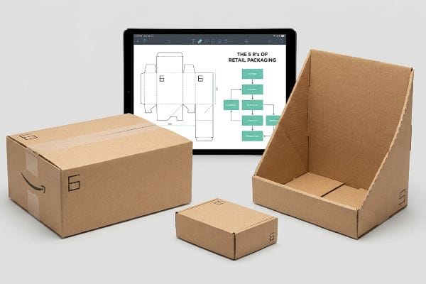Retail Packaging 5 R's Corrugated cardboard boxes for shipping and retail display, alongside a tablet showing a packaging dieline and "The 5 R's of Retail Packaging" flowchart.