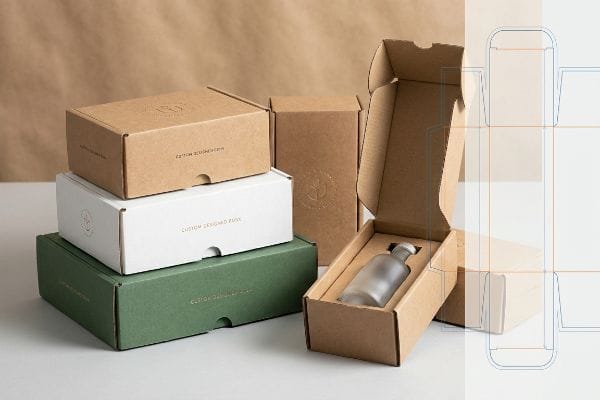 Custom designed retail packaging boxes in kraft, white, and green, one open with a frosted glass bottle, showing a die-cut template.