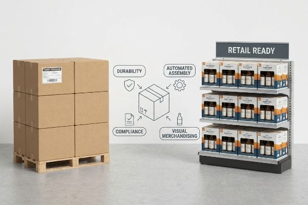 Путь к упаковке, готовой к розничной продаже Иллюстрируя процесс подготовки упаковки к розничной продаже, показаны шесть коричневых картонных коробок на деревянном поддоне, схема, подчеркивающая долговечность, автоматизированную сборку, соответствие стандартам и визуальный мерчандайзинг, рядом с полкой для демонстрации готовой к розничной продаже упаковки, заполненной коробками с продукцией.