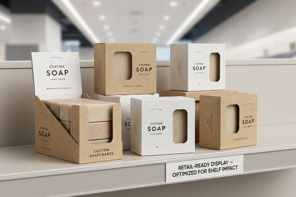 Retail shelf displays custom soap boxes made from kraft and white paperboard, showcasing "Custom Soap" branding and a "Retail-Ready Display" sign.