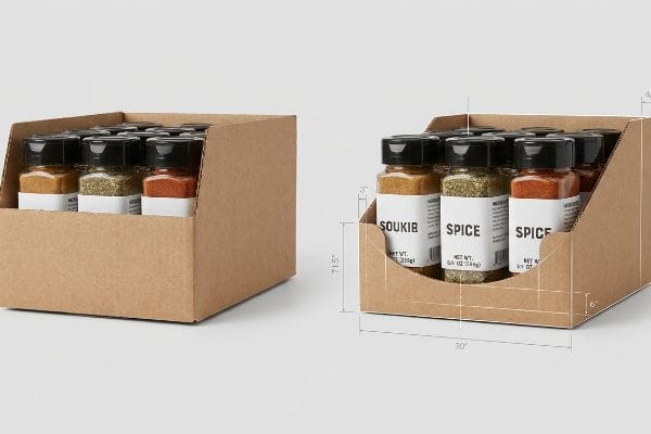 Spice Tray FDA Compliance Brown corrugated retail-ready tray with a 1.25-inch custom die-cut swoop, displaying spice jars with visible Soukib Spice Net Wt. 0.8 Oz (23g) labels for FDA compliance.